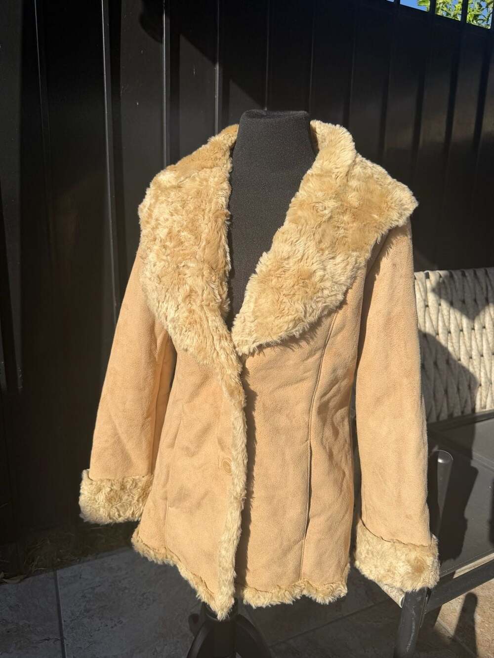 St. John's Bay Women's Tan Faux Suede and Faux Fur Trim Penny Lane Coat